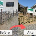 施工前（左）は行田市の桃林寺様で色あせてぐらつきが出始めていた竹垣。施工後（右）は青竹で新しく組み直され、境内が引き締まった明るい空間に改善された様子。