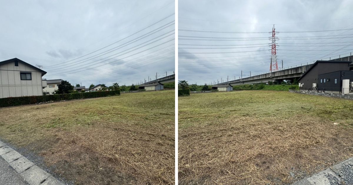 草刈り後の本庄市の広い敷地を2方向から見た様子。背の高い草が低く刈られ、地面が見える範囲が増えて奥まで見通しやすくなっている。