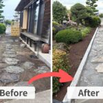 施工前(左)は深谷市の寺院で飛石が点在し土が多く残る参道。施工後(右)は自然石を敷き詰め、御影石の縁石で整えた石張りの園路の様子。