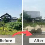 左は施工前（雑草が繁茂し植栽が埋もれた状態）、右は施工後（防草シートと砂利敷きですっきりとした和の庭）。【上尾市】の事例。