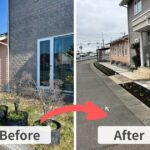 施工前と施工後の比較画像：ロックガーデン調の石張り舗装と植栽で外構を美しく整えた事例（群馬県玉村町・ダンススクール前）